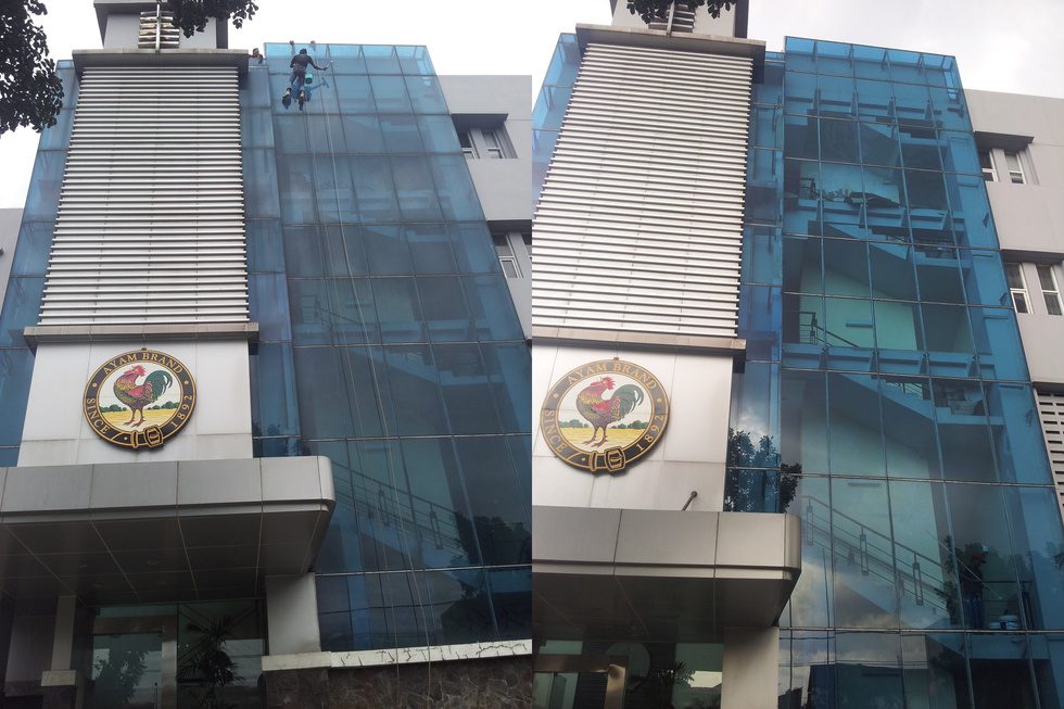 Pembersihan fasad dan kaca gedung bertingkat